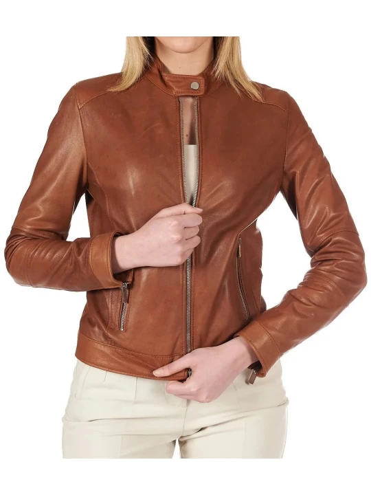 High Collar Tan Leather Jacket