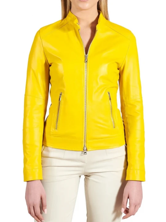 High Collar Yellow Leather Jacket