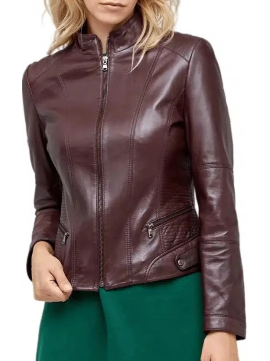 High Neck Brown Leather Jacket