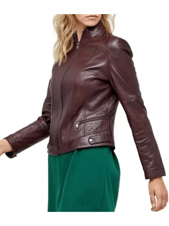 High Neck Brown Leather Jacket