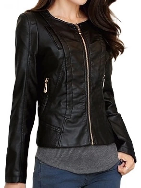 Ladies Collarless Original Goatskin Black Leather Jacket
