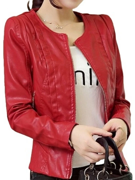 Ladies Collarless Original Goatskin Red Leather Jacket