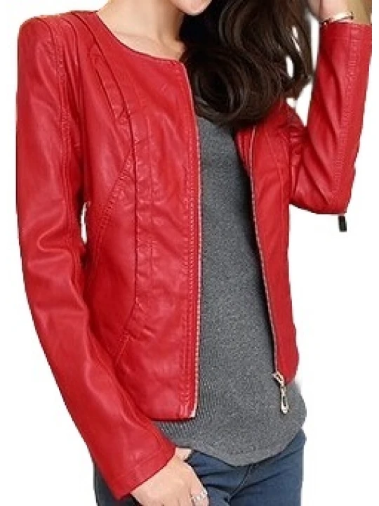 Ladies Collarless Original Goatskin Red Leather Jacket