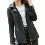 Ladies Hooded Real Sheepskin Black Leather Jacket Coat