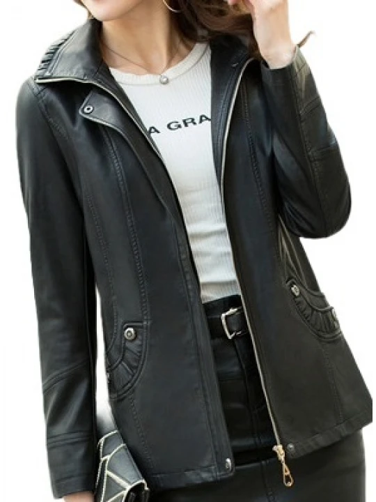 Ladies Hooded Real Sheepskin Black Leather Jacket Coat