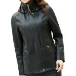 Ladies Hooded Real Sheepskin Black Leather Jacket Coat