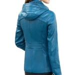 Ladies Hooded Real Sheepskin Blue Leather Jacket Coat