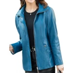 Ladies Hooded Real Sheepskin Blue Leather Jacket Coat