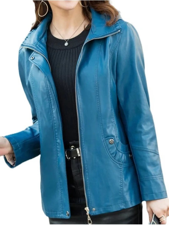 Ladies Hooded Real Sheepskin Blue Leather Jacket Coat