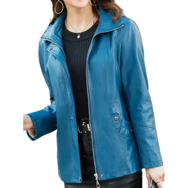 Ladies Hooded Real Sheepskin Blue Leather Jacket Coat