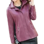 Ladies Hooded Real Sheepskin Purple Leather Jacket Coat