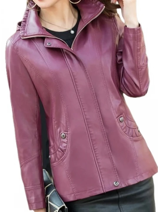 Ladies Hooded Real Sheepskin Purple Leather Jacket Coat
