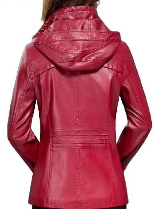 Ladies Hooded Real Sheepskin Red Leather Jacket Coat
