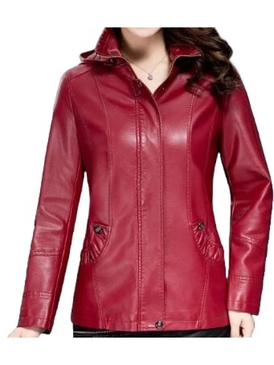 Ladies Hooded Real Sheepskin Red Leather Jacket Coat