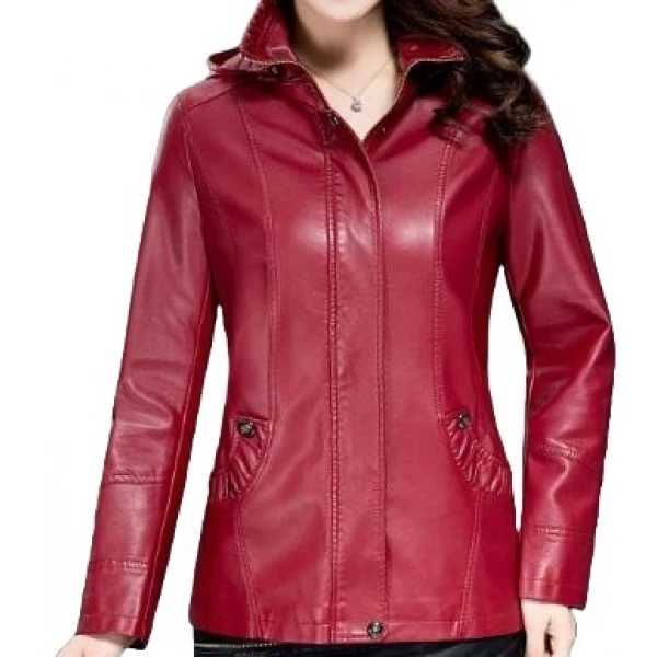 Ladies Hooded Real Sheepskin Red Leather Jacket Coat