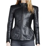 Ladies Sophisticated Design Genuine Sheepskin Navy Blue Leather Jacket