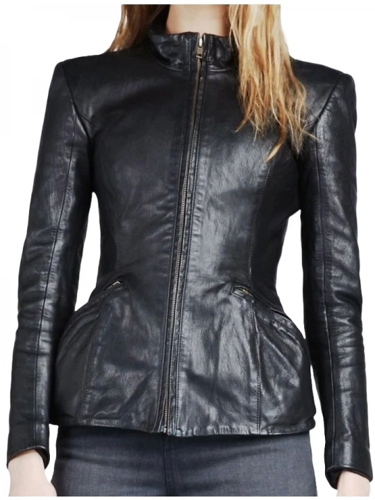 Ladies Sophisticated Design Genuine Sheepskin Navy Blue Leather Jacket