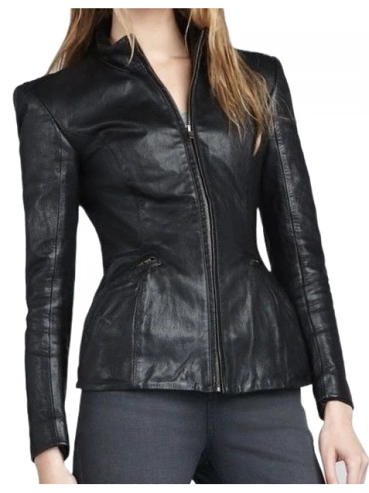 Ladies Sophisticated Design Genuine Sheepskin Navy Blue Leather Jacket