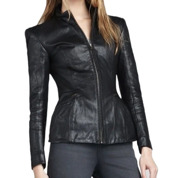 Ladies Sophisticated Design Genuine Sheepskin Navy Blue Leather Jacket