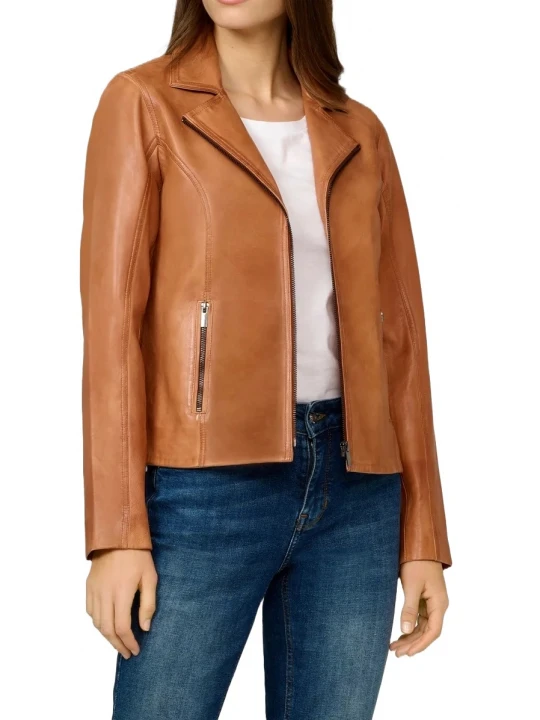 Lapel Collar Cognac Leather Jacket