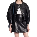 Metal Rings Detailing Black Leather Jacket