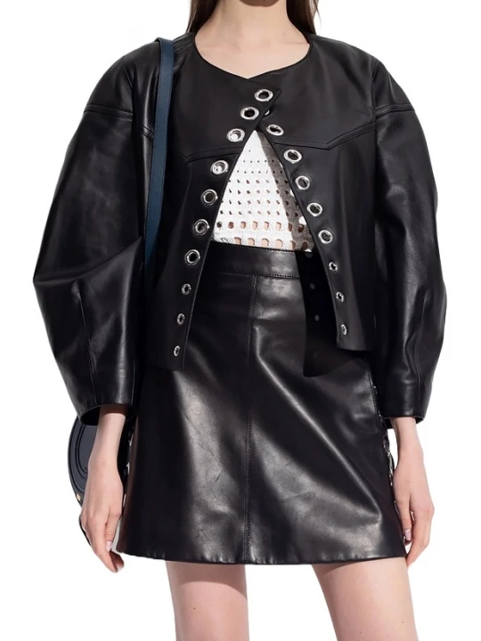 Metal Rings Detailing Black Leather Jacket