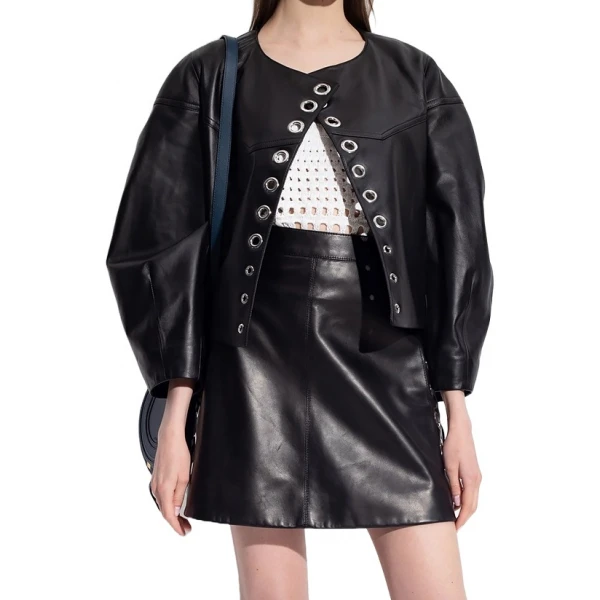 Metal Rings Detailing Black Leather Jacket