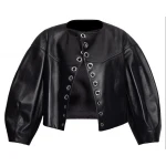 Metal Rings Detailing Black Leather Jacket