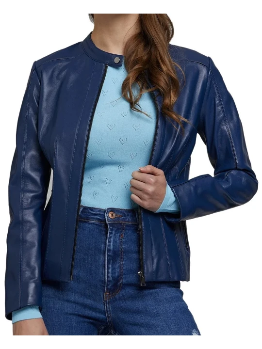Navy Blue Leather Jacket with a High Collar