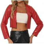 Open Front Cropped Red Leather Jacket