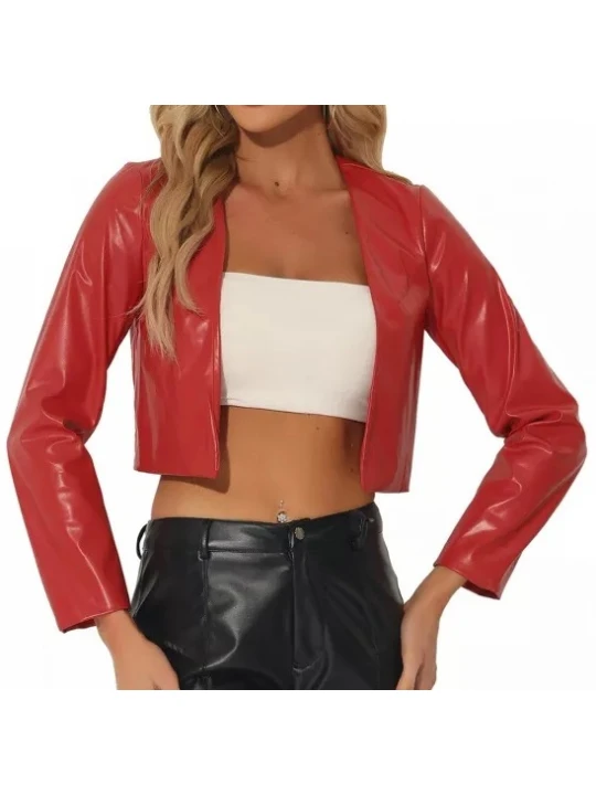 Open Front Cropped Red Leather Jacket
