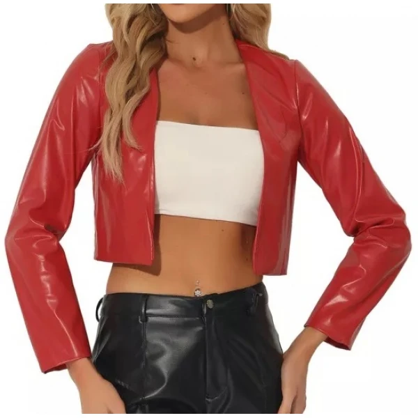 Open Front Cropped Red Leather Jacket