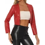 Open Front Cropped Red Leather Jacket
