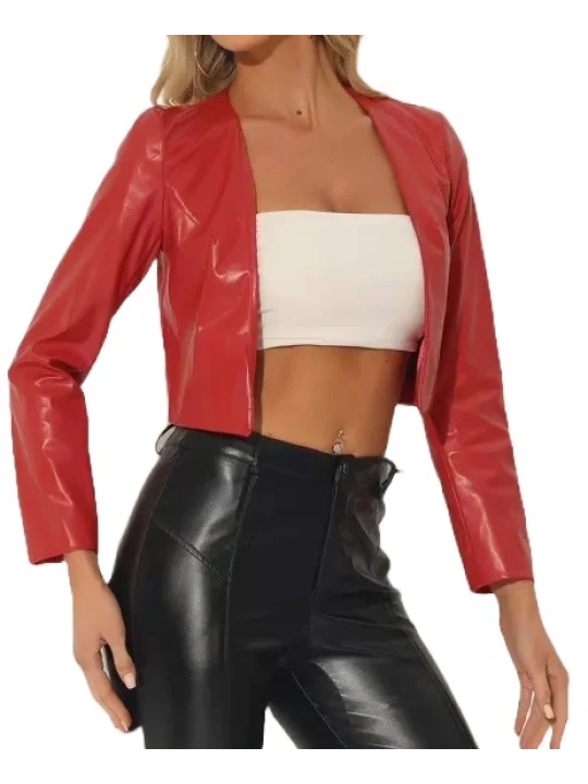 Open Front Cropped Red Leather Jacket