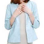 Open Front Short Sleeve Collarless Ladies Real Sheepskin Baby Blue Leather Jacket