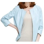 Open Front Short Sleeve Collarless Ladies Real Sheepskin Baby Blue Leather Jacket