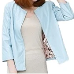 Open Front Short Sleeve Collarless Ladies Real Sheepskin Baby Blue Leather Jacket