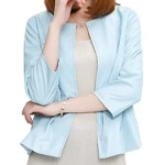 Open Front Short Sleeve Collarless Ladies Real Sheepskin Baby Blue Leather Jacket