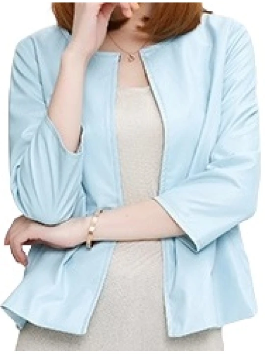 Open Front Short Sleeve Collarless Ladies Real Sheepskin Baby Blue Leather Jacket