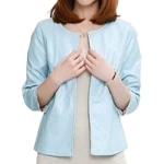 Open Front Short Sleeve Collarless Ladies Real Sheepskin Baby Blue Leather Jacket