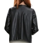 Open Front Short Sleeve Collarless Ladies Real Sheepskin Black Leather Jacket