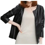 Open Front Short Sleeve Collarless Ladies Real Sheepskin Black Leather Jacket
