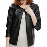 Open Front Short Sleeve Collarless Ladies Real Sheepskin Black Leather Jacket