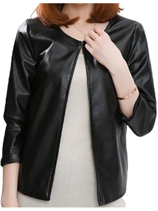 Open Front Short Sleeve Collarless Ladies Real Sheepskin Black Leather Jacket