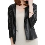 Open Front Short Sleeve Collarless Ladies Real Sheepskin Black Leather Jacket