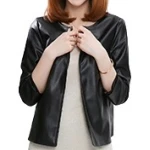 Open Front Short Sleeve Collarless Ladies Real Sheepskin Black Leather Jacket