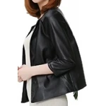 Open Front Short Sleeve Collarless Ladies Real Sheepskin Black Leather Jacket