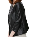 Open Front Short Sleeve Collarless Ladies Real Sheepskin Black Leather Jacket