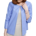 Open Front Short Sleeve Collarless Ladies Real Sheepskin Blue Leather Jacket