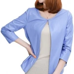 Open Front Short Sleeve Collarless Ladies Real Sheepskin Blue Leather Jacket